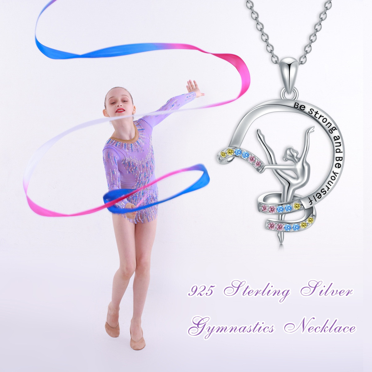 Sterling zilveren cirkelvormige cubic zirconia gymnast hanger ketting met gegraveerd woord-6