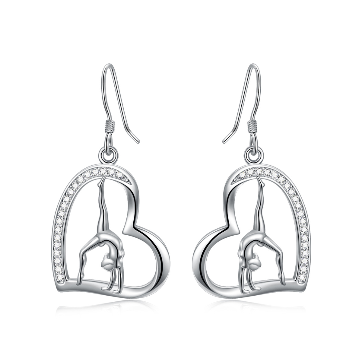 Sterling Silver Circular Shaped Cubic Zirconia Gymnastics & Heart Drop Earrings-1