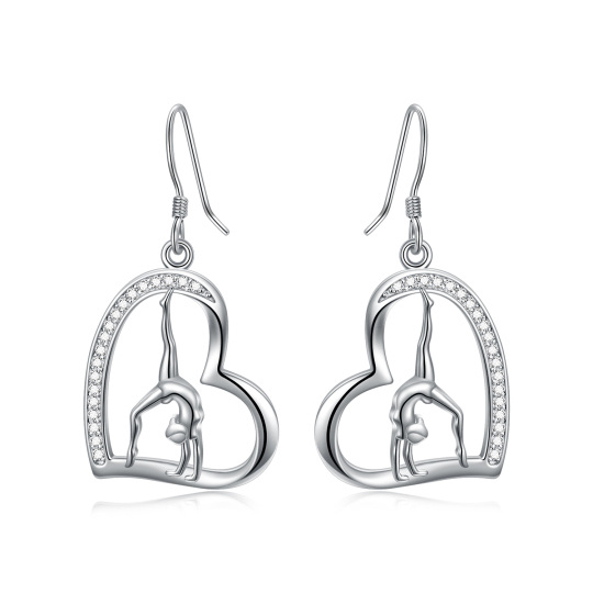 Sterling Silver Circular Shaped Cubic Zirconia Gymnastics & Heart Drop Earrings