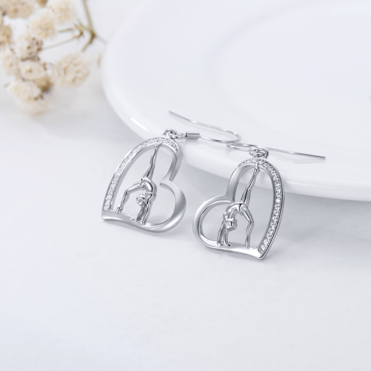 Boucles d'oreilles pendantes en forme de cœur de gymnastique en argent sterling avec oxyde de zirconium de forme circulaire-3