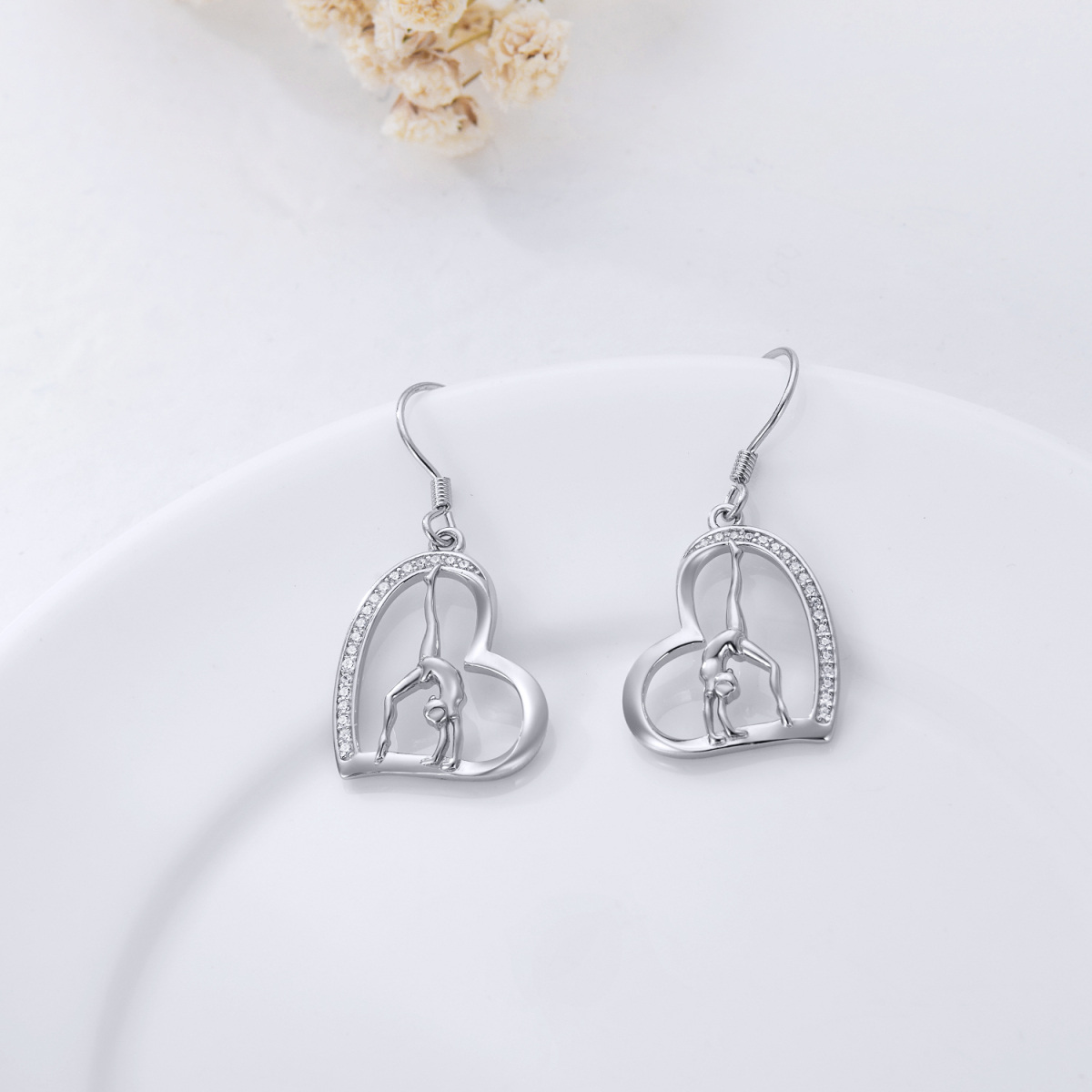 Sterling Silver Circular Shaped Cubic Zirconia Gymnastics & Heart Drop Earrings-4