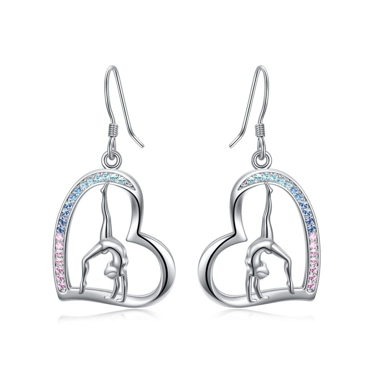 Sterling Silver Circular Shaped Cubic Zirconia Gymnastics & Heart Drop Earrings-1