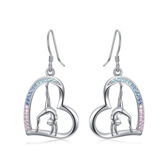 Sterling Silver Circular Shaped Cubic Zirconia Gymnastics & Heart Drop Earrings