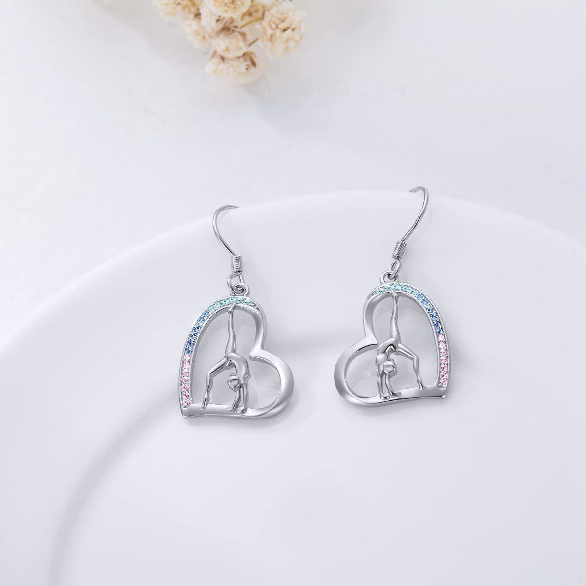 Sterling Silver Circular Shaped Cubic Zirconia Gymnastics & Heart Drop Earrings-4