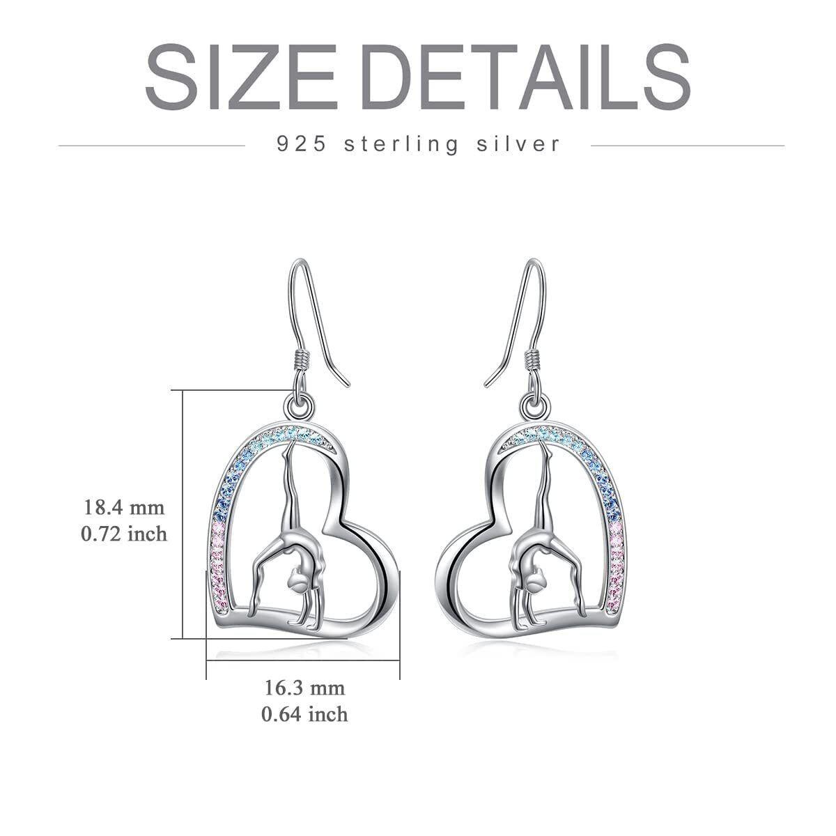 Sterling Silver Circular Shaped Cubic Zirconia Gymnastics & Heart Drop Earrings-5