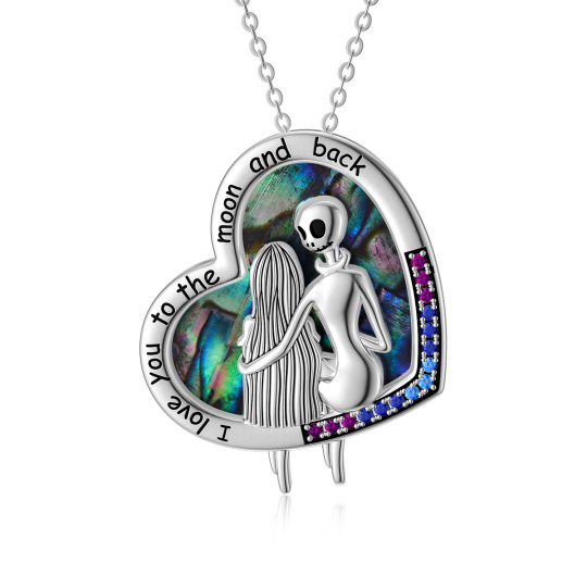 Collana con ciondolo scheletro a forma di cuore in argento sterling con crostacei abalone e zirconi cubici con parola incisa per donna