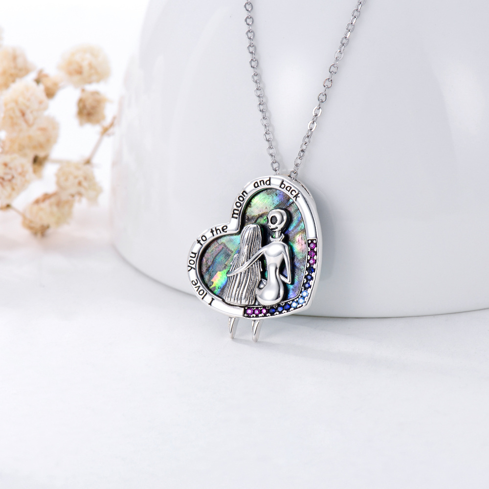Colar com pingente de esqueleto de coração de zircônia cúbica de prata esterlina Abalone com palavra gravada para mulheres-3