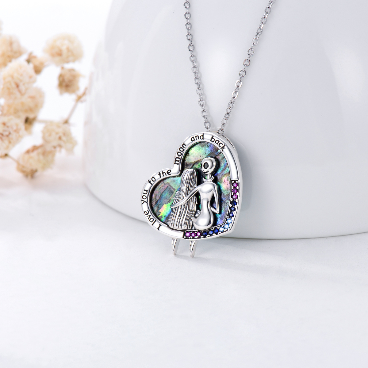 Sterling Silver Abalone Shellfish Cubic Zirconia Heart Skeleton Pendant Necklace With Engraved Word For Women-3