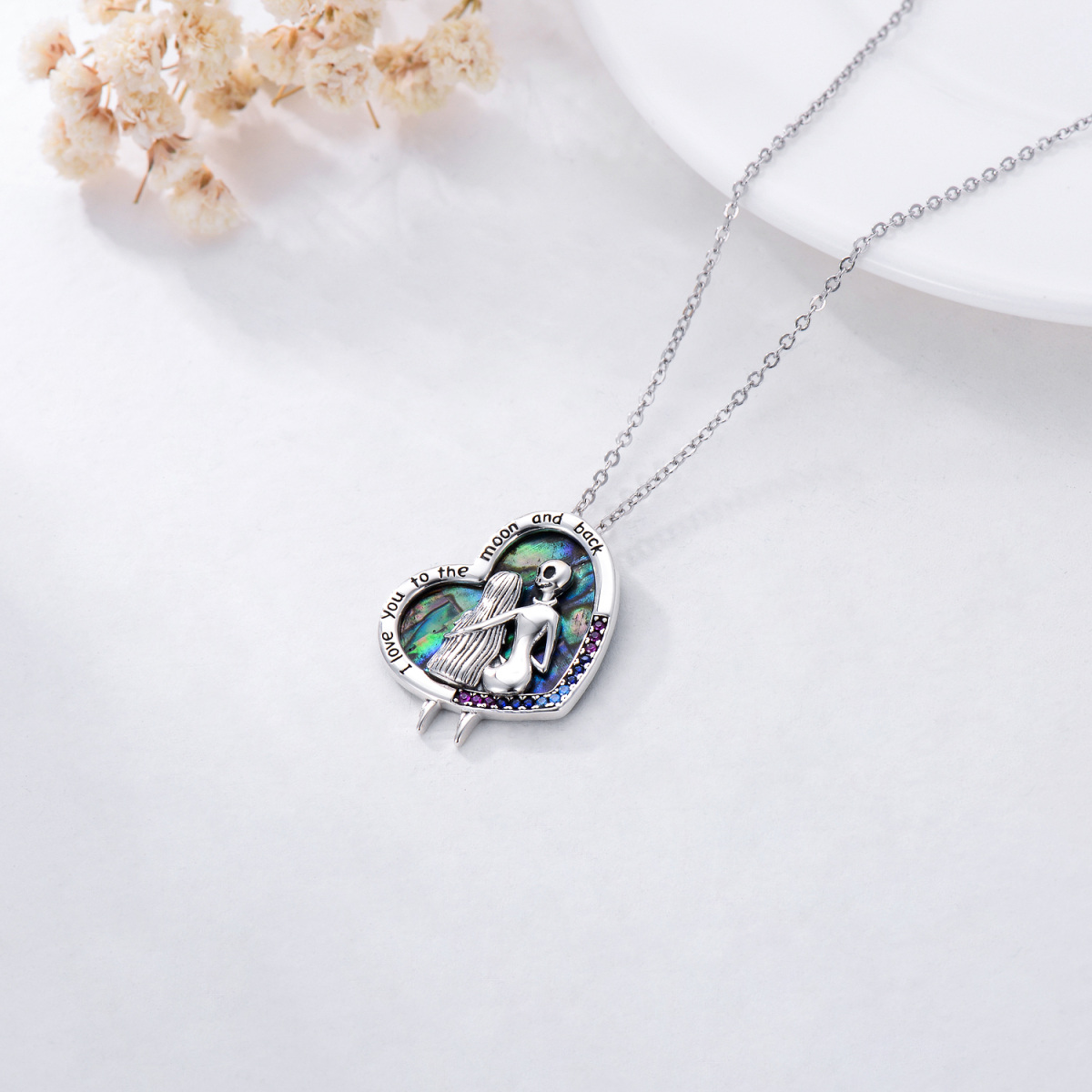 Sterling Silver Abalone Shellfish Cubic Zirconia Heart Skeleton Pendant Necklace With Engraved Word For Women-4