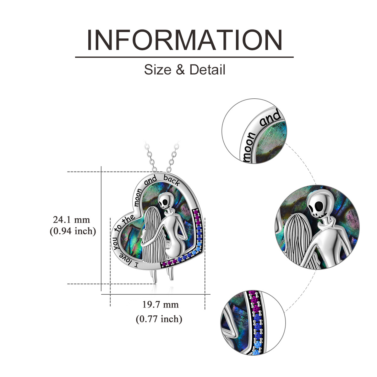 Srebrny naszyjnik z muszli Abalone z cyrkonią w kształcie serca i szkieletem z wygrawerowanym słowem dla kobiet-5