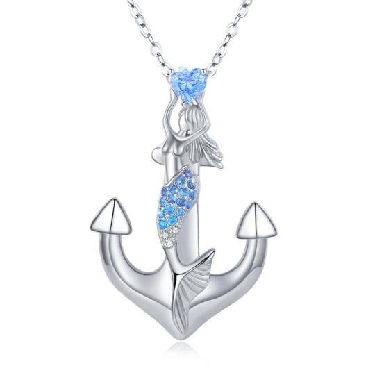 Sterling Silver Circular Shaped & Heart Shaped Cubic Zirconia Anchor & Heart & Mermaid Pendant Necklace