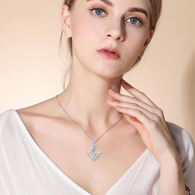 Sterling Silver Circular Cubic Zirconia Anchor With With Mermaid Pendant Necklace For Women-2