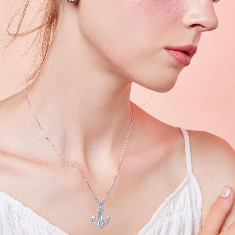 Sterling Silver Circular Cubic Zirconia Anchor With With Mermaid Pendant Necklace For Women-3