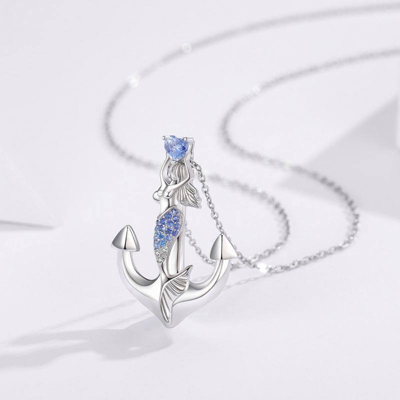 Sterling Silver Circular Cubic Zirconia Anchor With With Mermaid Pendant Necklace For Women-4