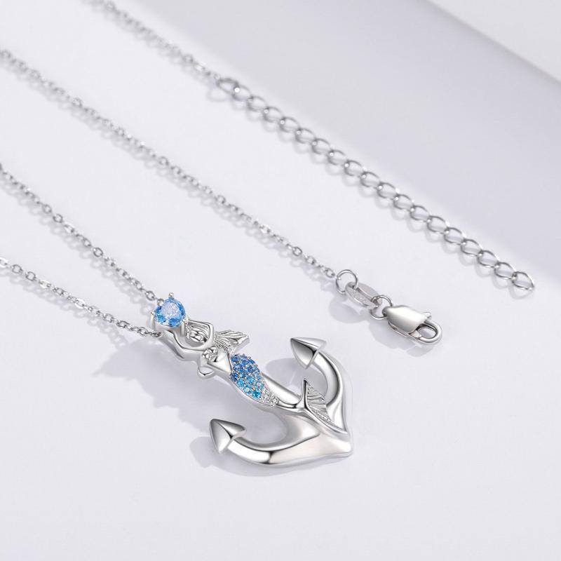 Sterling Silver Circular Cubic Zirconia Anchor With With Mermaid Pendant Necklace For Women-5