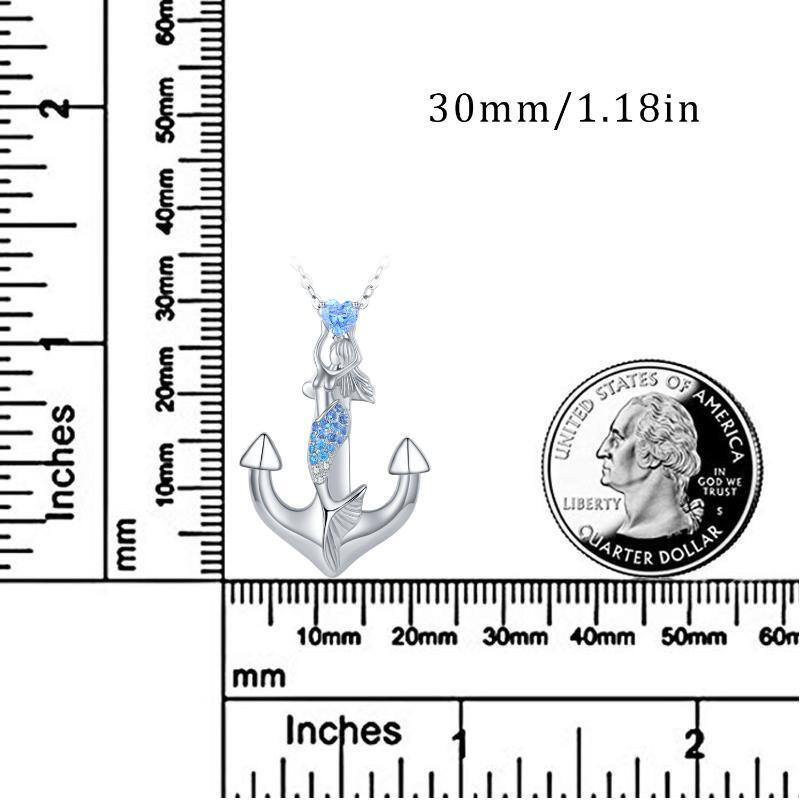 Sterling Silver Circular Cubic Zirconia Anchor With With Mermaid Pendant Necklace For Women-6