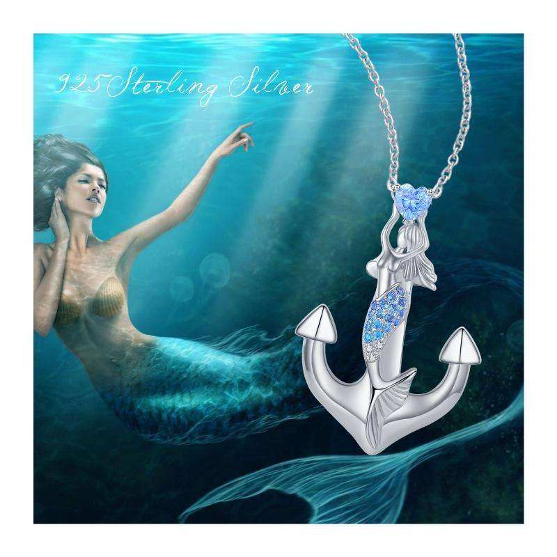 Sterling Silver Circular Cubic Zirconia Anchor With With Mermaid Pendant Necklace For Women-7