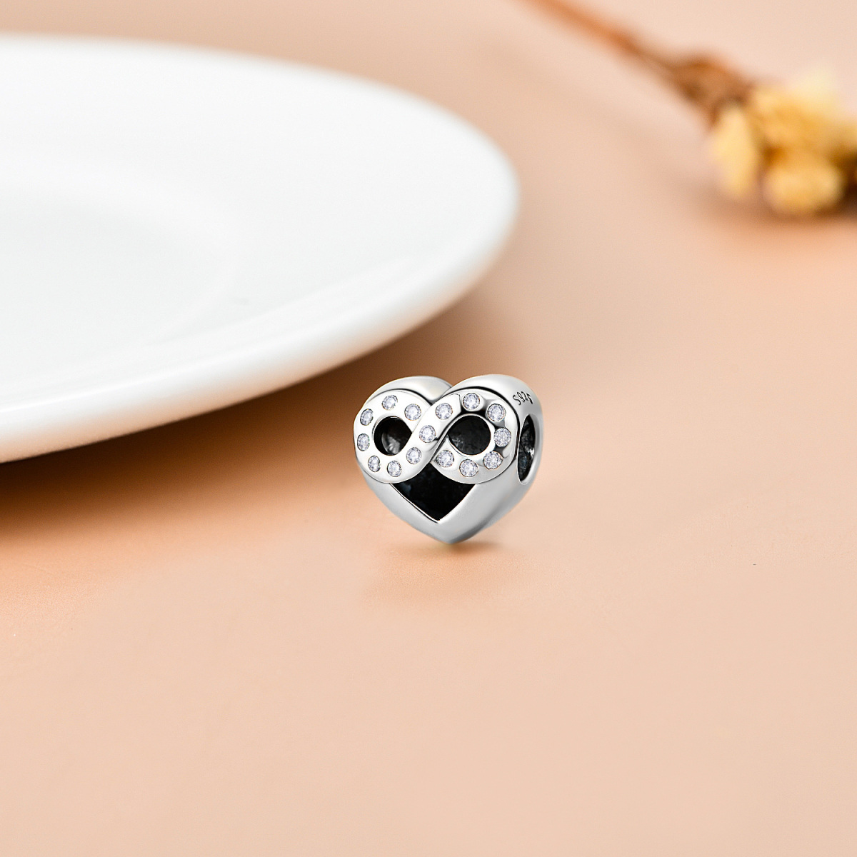 Sterling Silver Circular Shaped Cubic Zirconia Heart Bead Charm-4