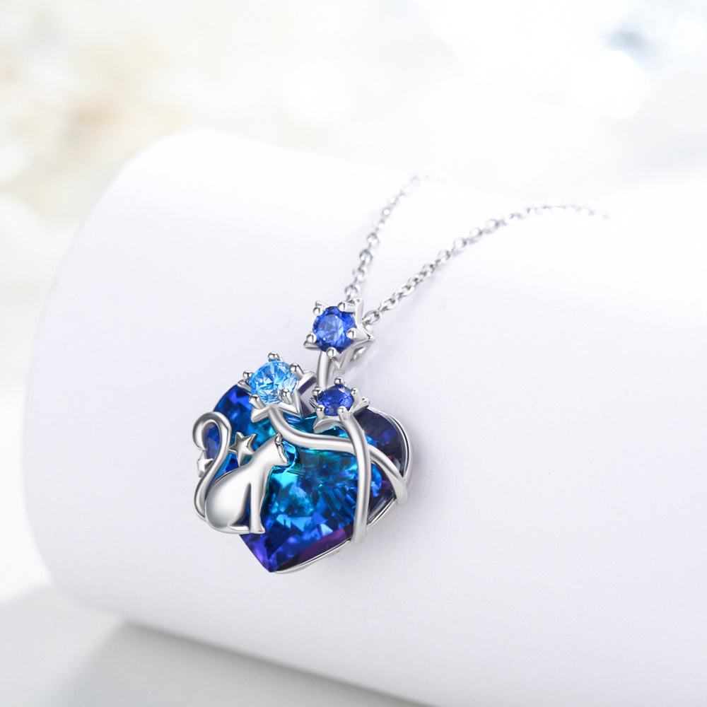 Sterling Silver Heart Crystal Cat Pendant Necklace For Women-4