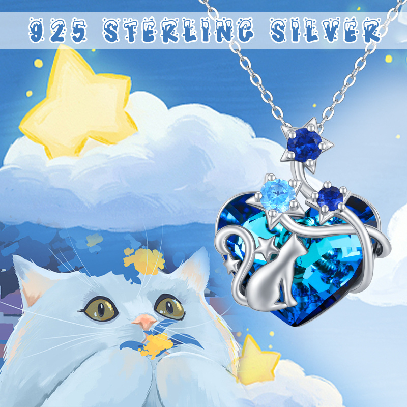 Colar com pingente de gato de cristal de coração em prata esterlina para mulheres-5