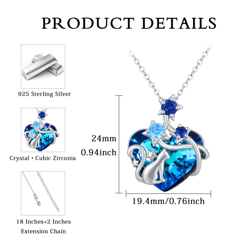 Colar com pingente de gato de cristal de coração em prata esterlina para mulheres-7