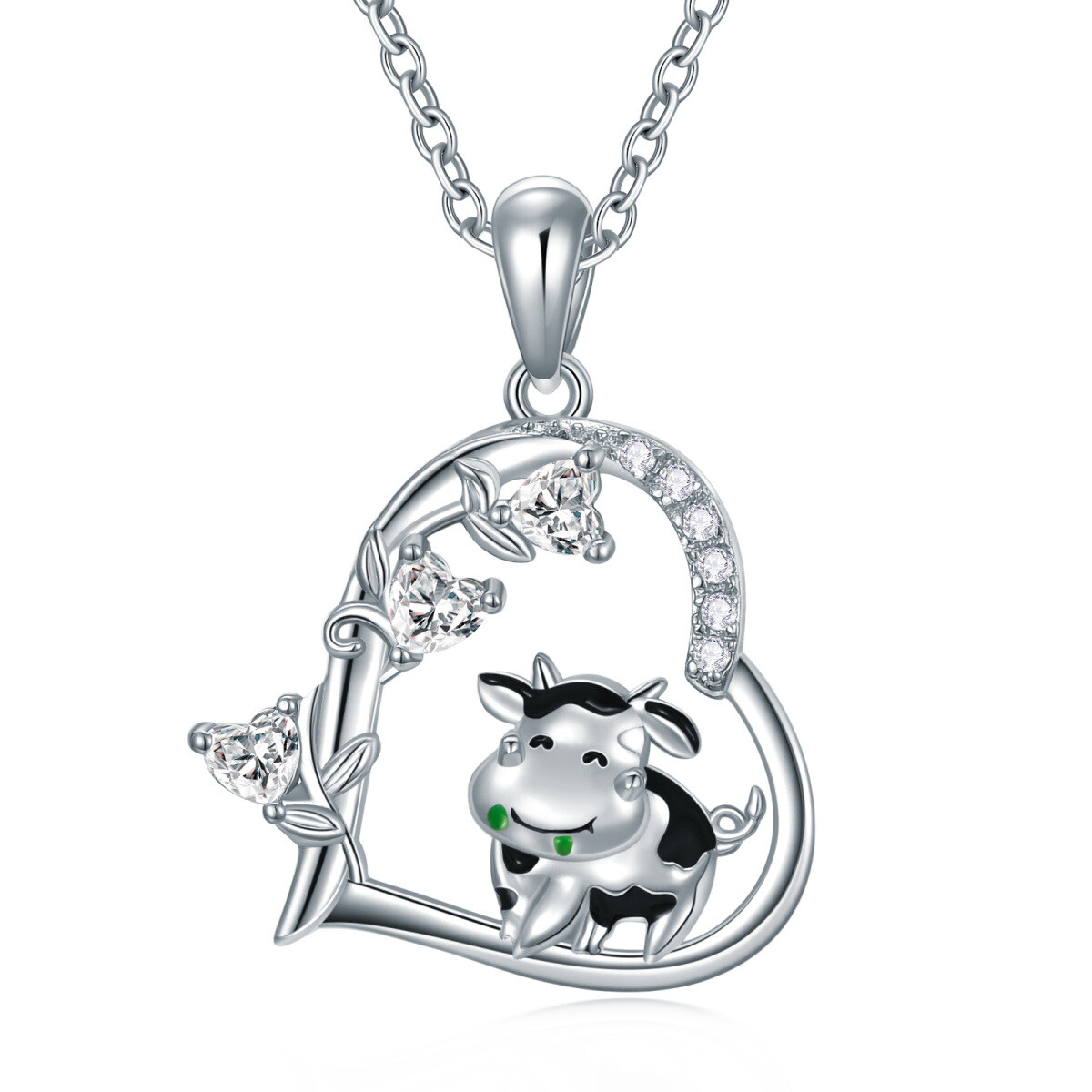 Collana con ciondolo a forma di mucca e cuore in argento sterling, regalo di gioielli con edera per ragazza-1