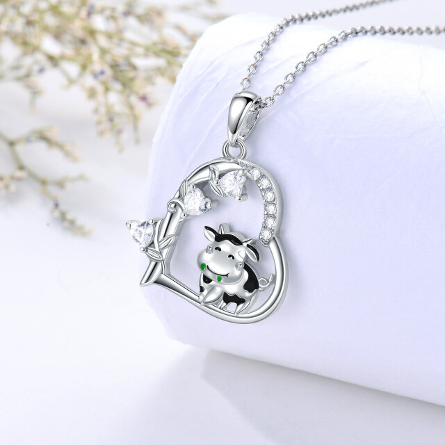 Sterling Silver Circular Shaped & Heart Shaped Cubic Zirconia Cow & Heart Pendant Necklace-3