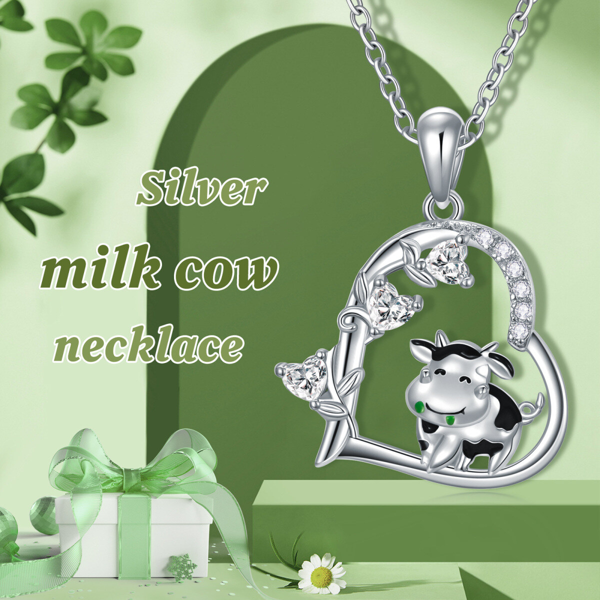 Collana con ciondolo a forma di mucca e cuore in argento sterling, regalo di gioielli con edera per ragazza-6