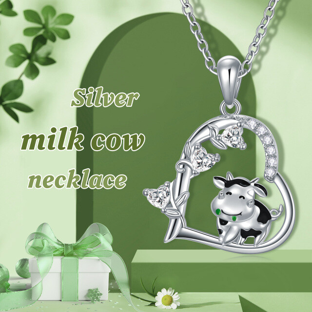 Sterling Silver Circular Shaped & Heart Shaped Cubic Zirconia Cow & Heart Pendant Necklace-6