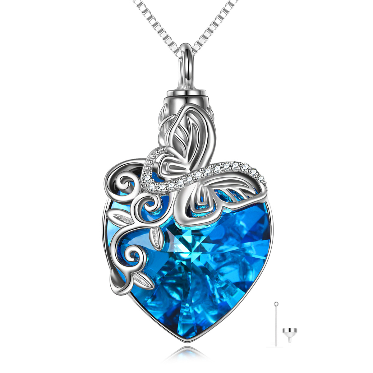 Collana con urna a farfalla in argento sterling con cuore e cristalli cubici per le ceneri-1