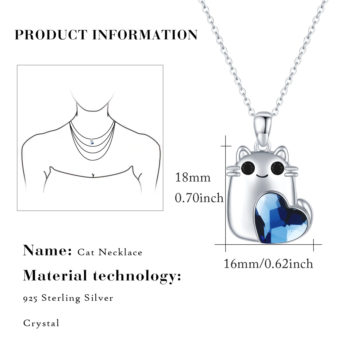 Collier en argent sterling avec pendentif en forme de coeur de chat en cristal pour les fe-4