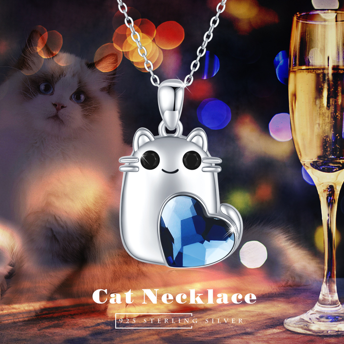 Collier en argent sterling avec pendentif en forme de coeur de chat en cristal pour les fe-6