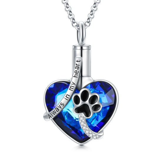 Sterling Silver Circular Shaped & Heart Shaped Crystal & Cubic Zirconia Paw & Heart Urn Necklace for Ashes with Engraved Word