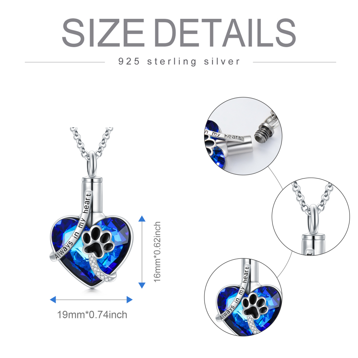 Sterling Silver Heart Crystal With Cubic Zirconia Paw & Heart Urn Necklace For Ashes-4