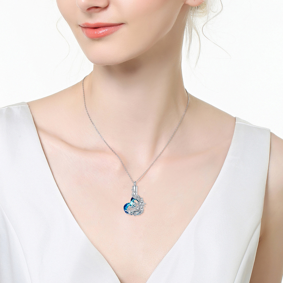 Sterling Silver Heart Crystal Peacock & Heart Urn Necklace For Ashes-2