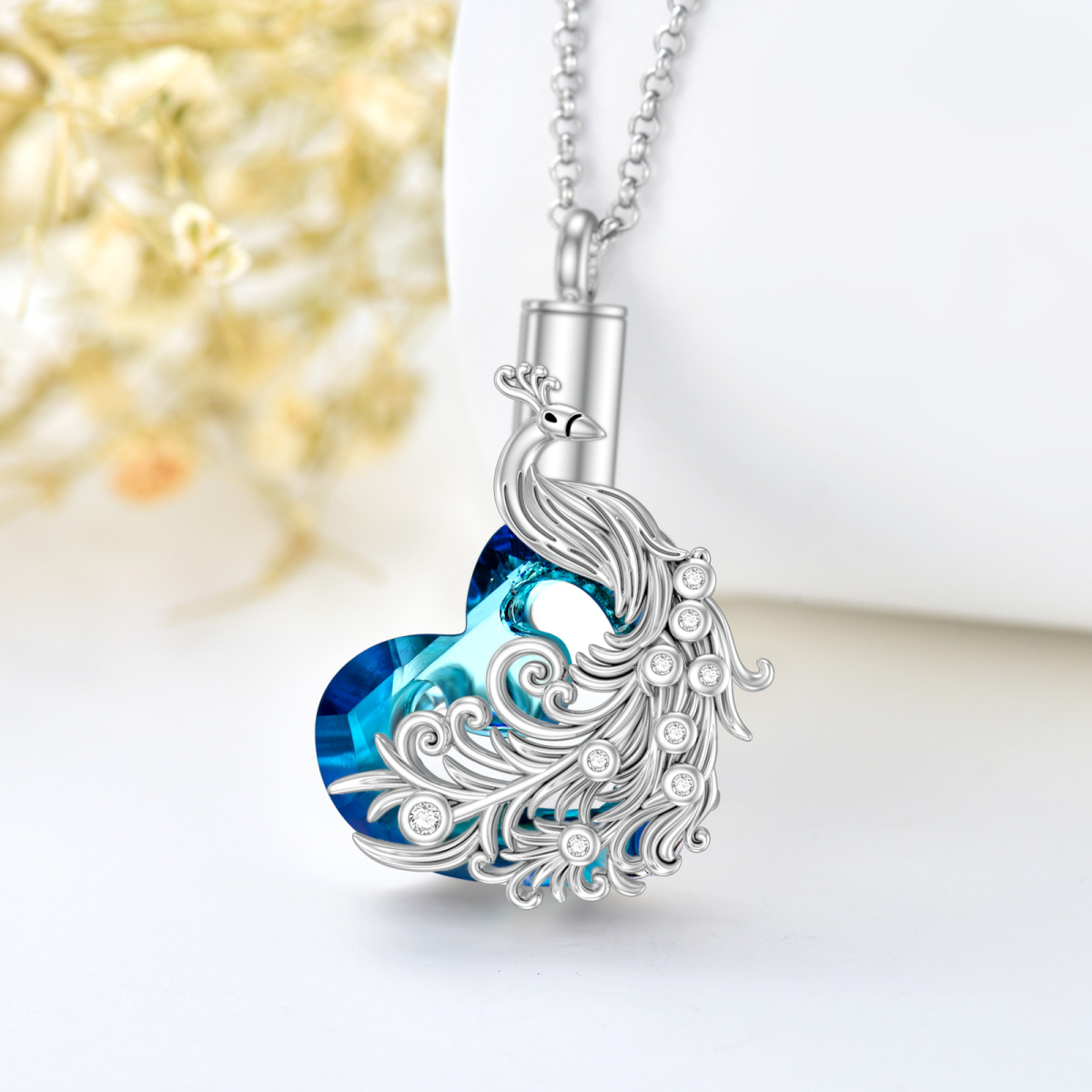 Sterling Silver Heart Crystal Peacock & Heart Urn Necklace For Ashes-3