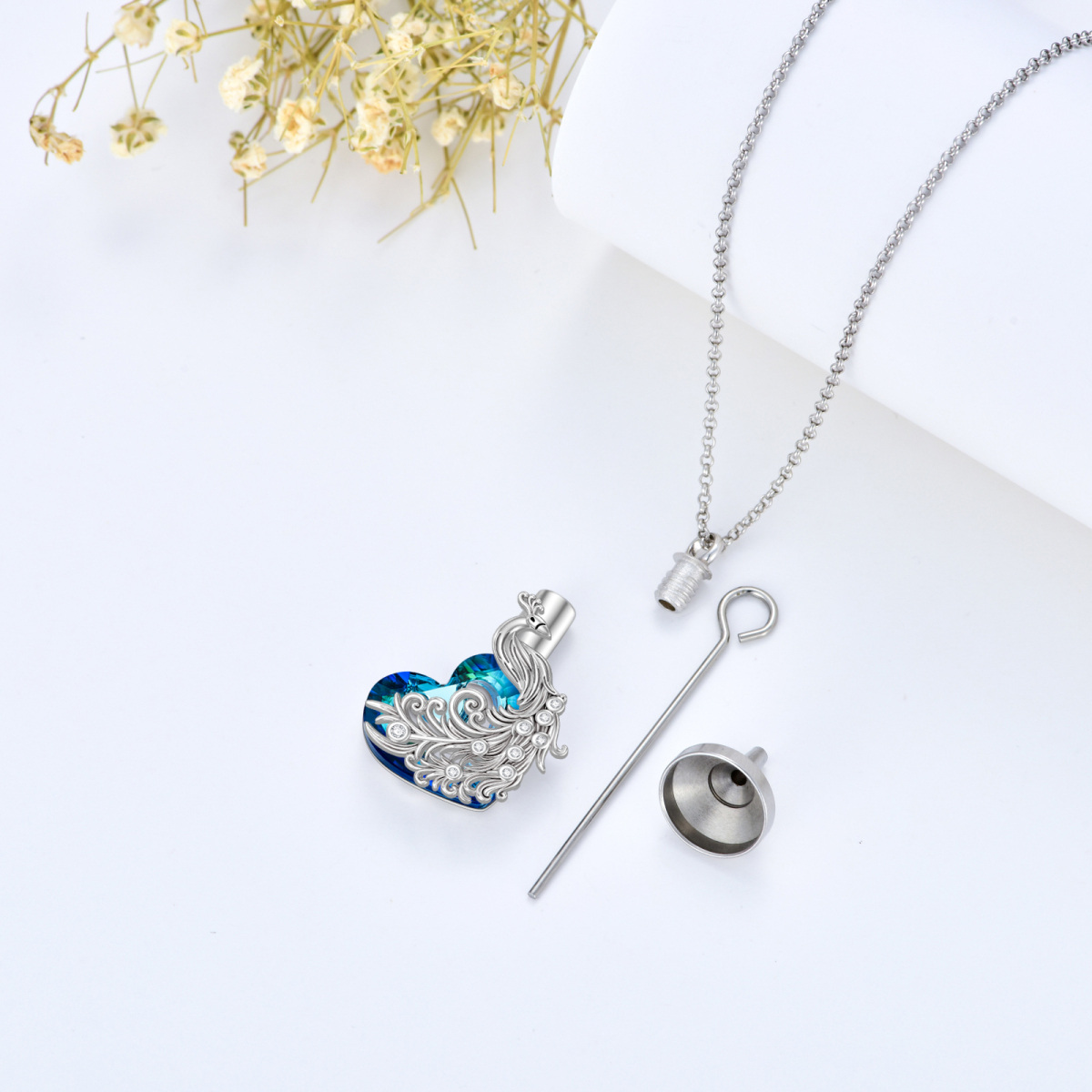 Sterling Silver Heart Crystal Peacock & Heart Urn Necklace For Ashes-4