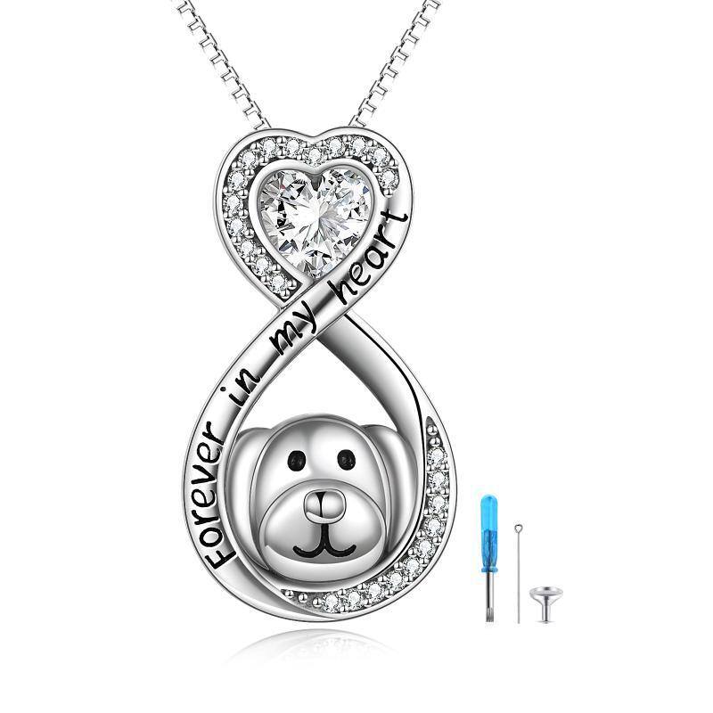 Collar con urna para cenizas con símbolo de infinito y perro de circonita cúbica en forma de corazón de plata de ley-1