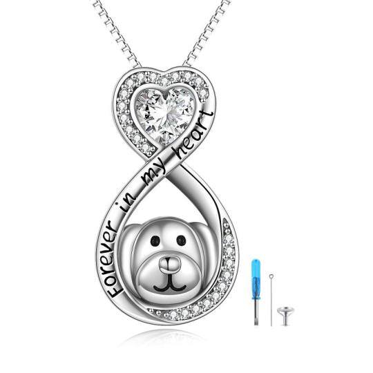 Sterling Silver Circular Shaped & Heart Shaped Cubic Zirconia Dog & Infinity Symbol Urn Necklace for Ashes with Engraved Word