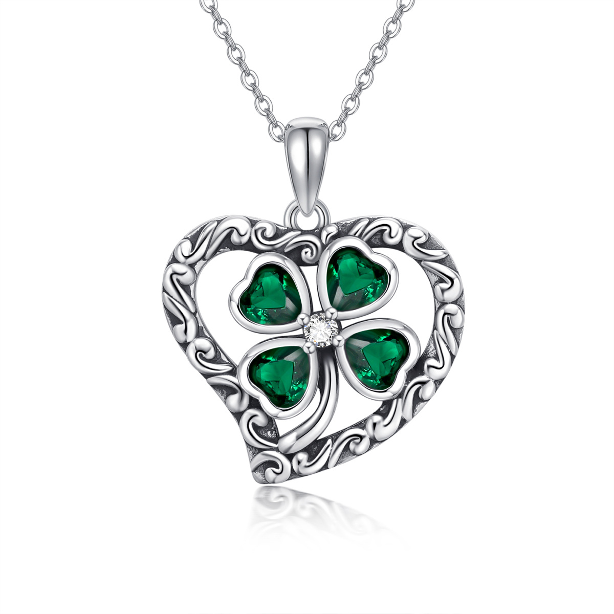 Sterling Silver Heart Cubic Zirconia Four Leaf Clover Pendant Necklace For Women-1