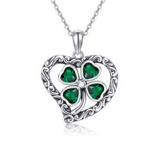 Sterling Silver Heart Cubic Zirconia Four Leaf Clover Pendant Necklace For Women-50