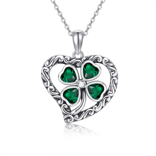 Sterling Silver Heart Cubic Zirconia Four Leaf Clover Pendant Necklace For Women