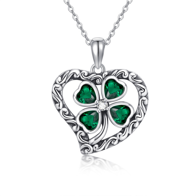 Sterling Silver Circular Shaped & Heart Shaped Cubic Zirconia Four Leaf Clover & Heart Pendant Necklace-4