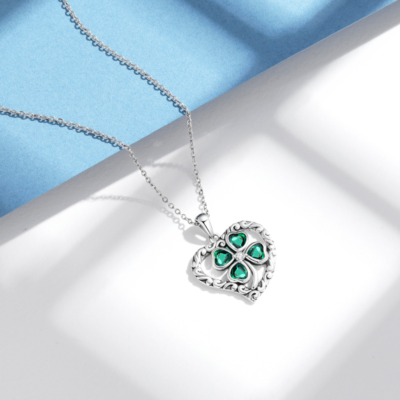 Collar con colgante de trébol de cuatro hojas y circonita cúbica en forma de corazón de plata de ley para mujer-3