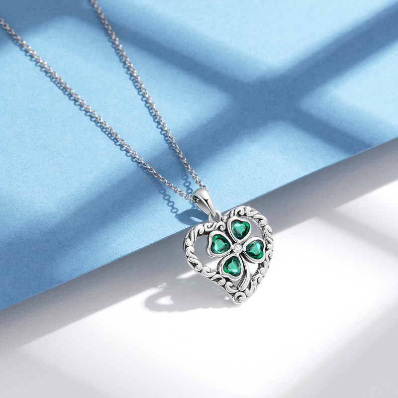Collar con colgante de trébol de cuatro hojas y circonita cúbica en forma de corazón de plata de ley para mujer-4