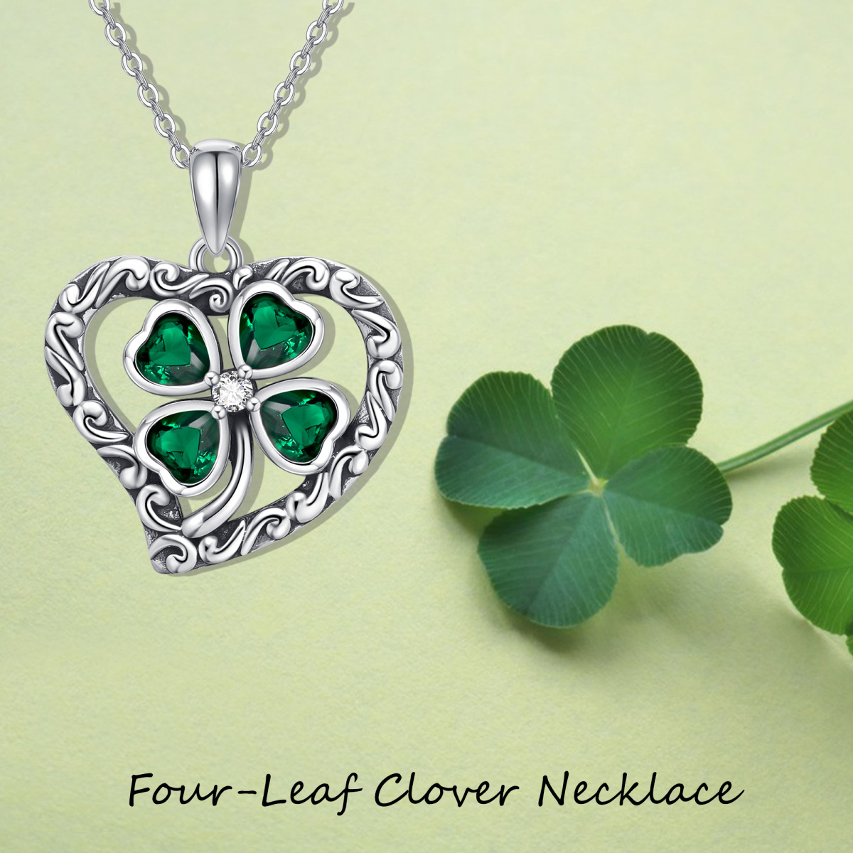 Sterling Silver Heart Cubic Zirconia Four Leaf Clover Pendant Necklace For Women-5