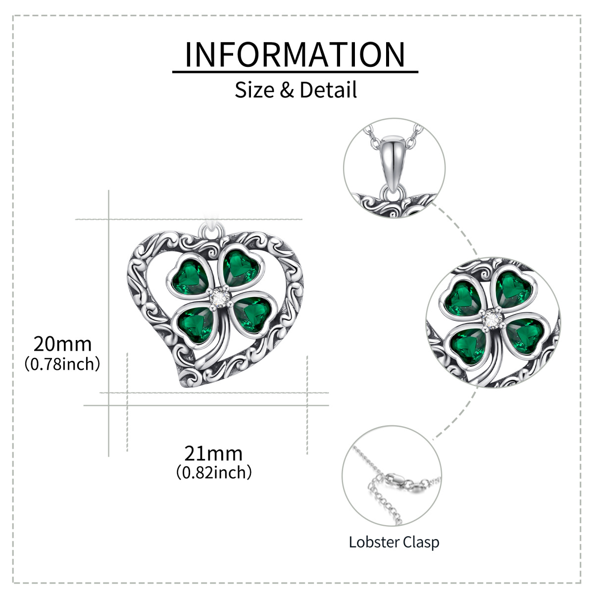 Sterling Silver Heart Cubic Zirconia Four Leaf Clover Pendant Necklace For Women-6