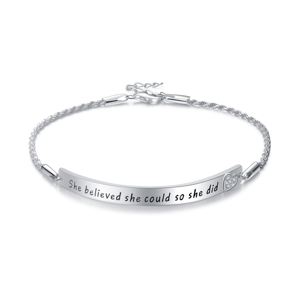 Bracelet d'identification en argent sterling avec mot gravé en forme de coeur en zircon cu-1