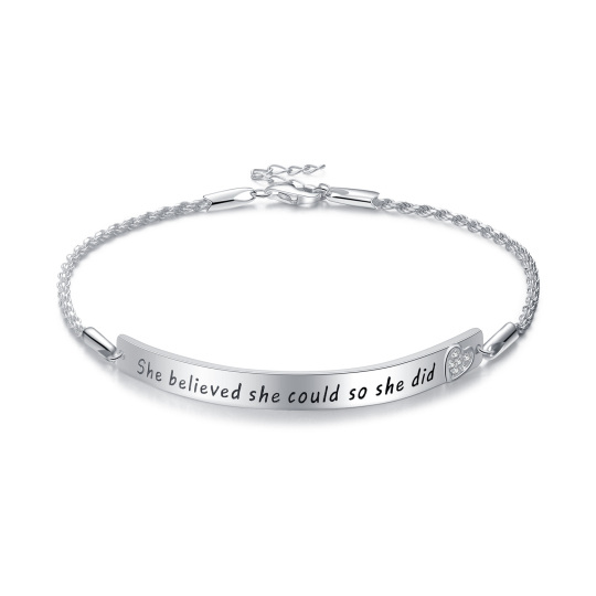 Sterling Silver Circular Shaped Cubic Zirconia Heart Identification Bracelet with Engraved Word