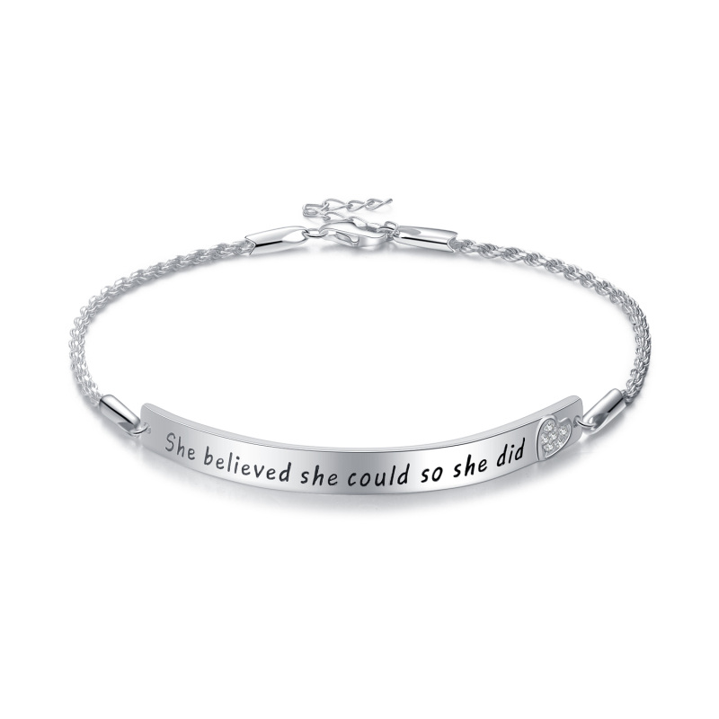 Sterling Silver Circular Shaped Cubic Zirconia Heart Identification Bracelet with Engraved Word-56